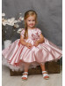 Unique Pink Satin Tulle Tea Length Flower Girl Dress